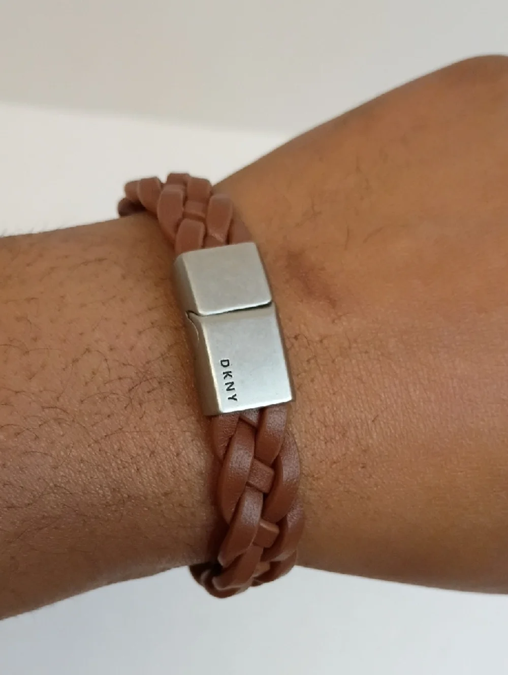 DKNY Braided Leather Wrap Bracelet Tan Brown Silver Magnetic Clasp